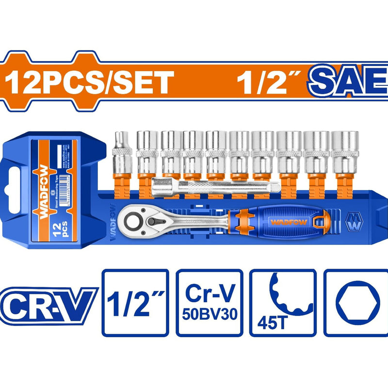 Dados socket 1/2" 12 pzs con ratchet. CR-V. 45 dientes. (Socket, barra de extensión) Medida SAE.Cromado (Set)