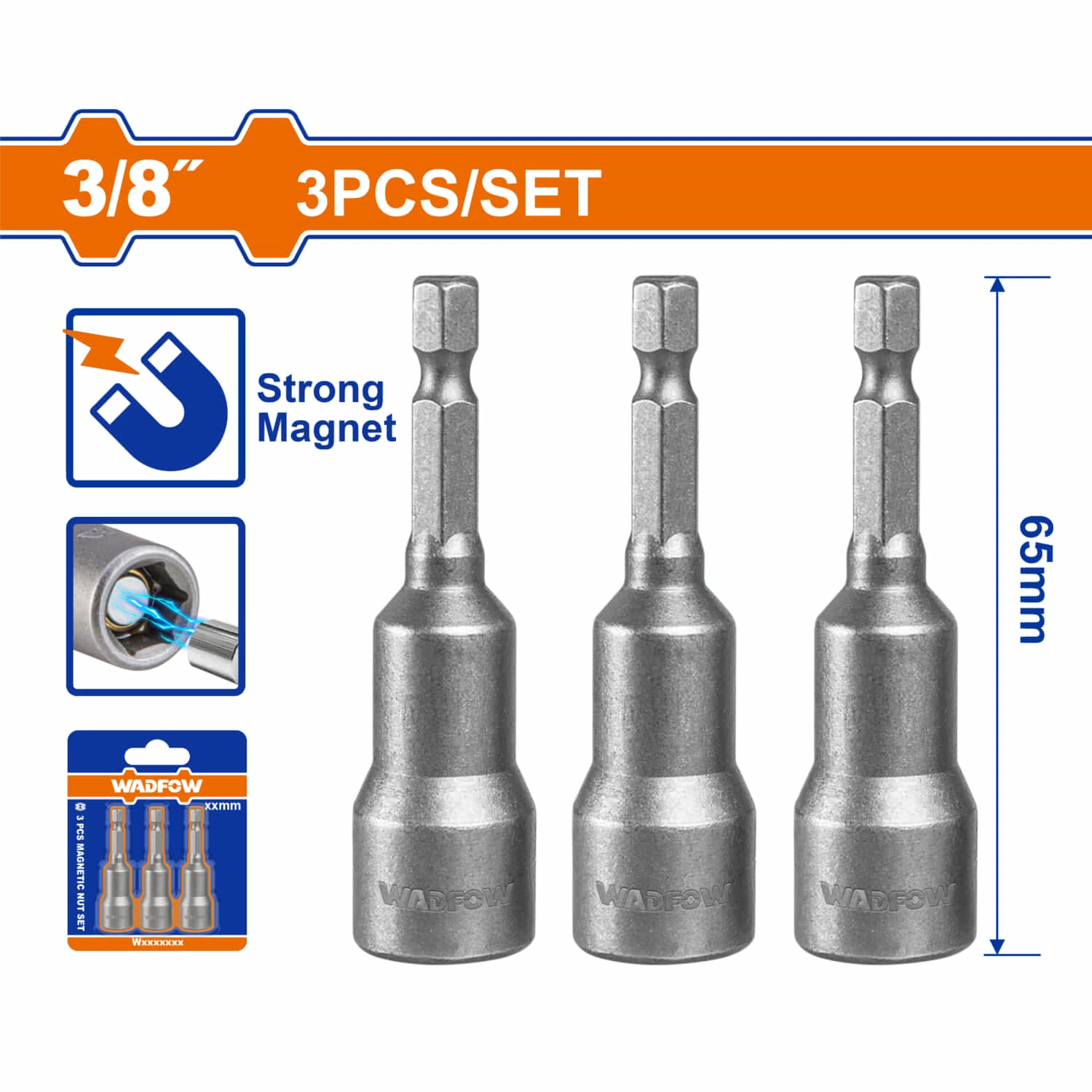 Copas Hexagonales Magnéticas 3/8" Hex Largo: 65mm Material:50BV30 Set de 3 Piezas.