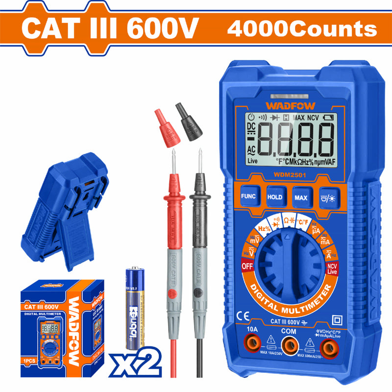 Multímetro Digital 6000 dígitos. CATIII 600V. Medición de temperatura. Rango automático.