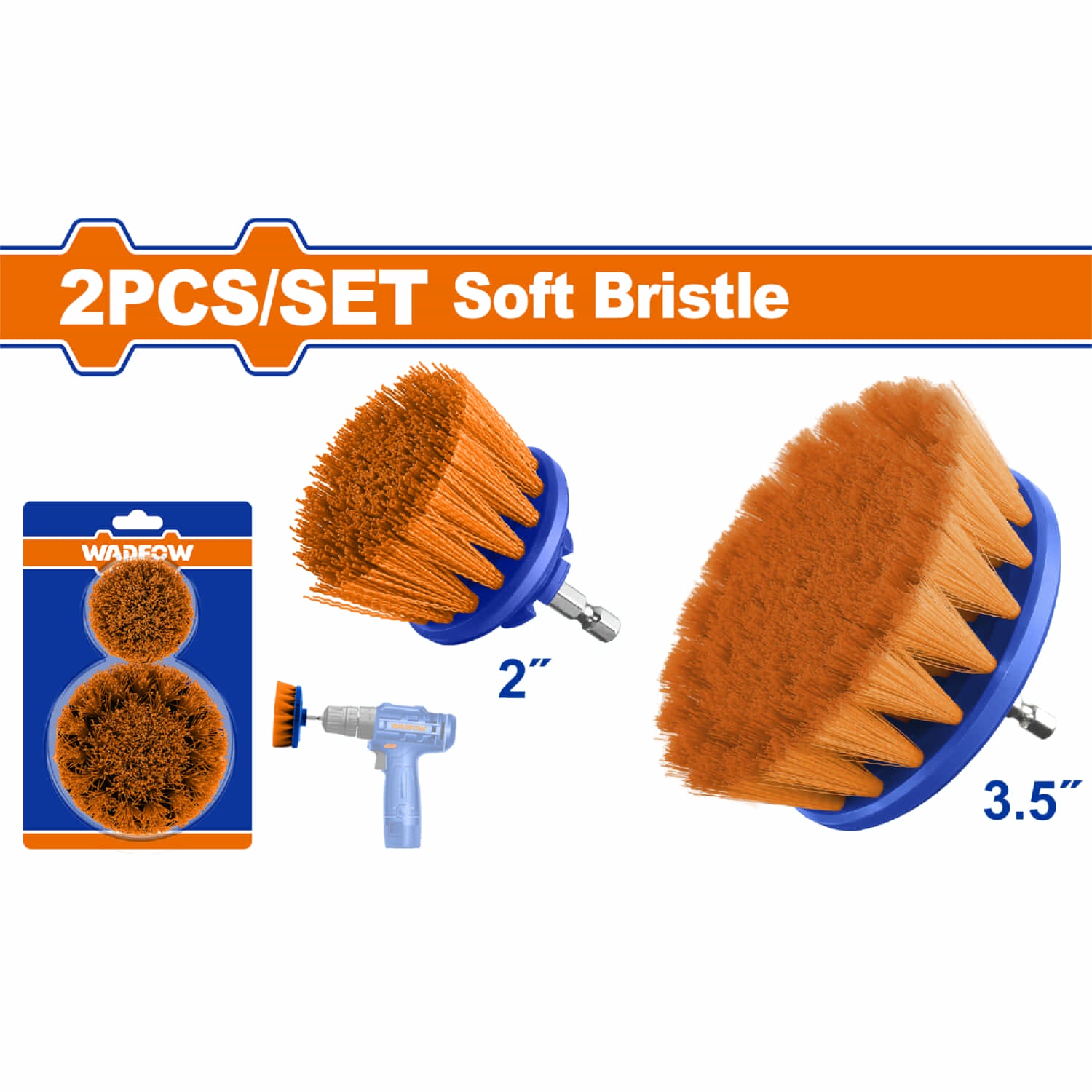 Cepillos cerdas suaves 2" y 3.5" Set de 2 pzas. Ideal: Vidrio, plástico. Vástago 1/4" hexagonal.