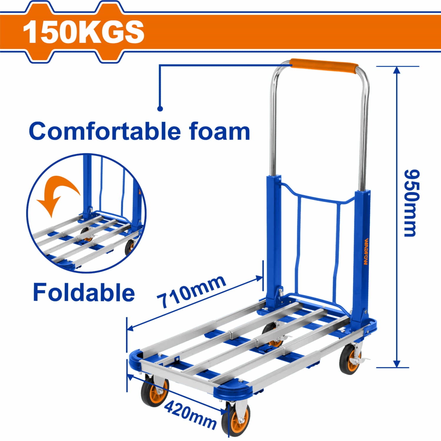 Carretilla de plataforma plegable 150 Kg. Mango de acero con espuma ergonómica. Carreton con Ruedas trolley