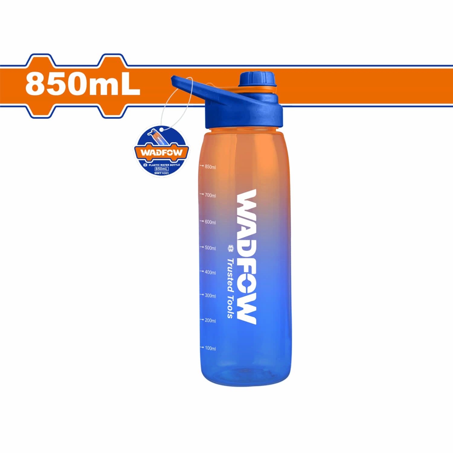 Botella plástica de agua 850ml. Libre de BPA. Desmontable y lavable, fácil de limpiar.