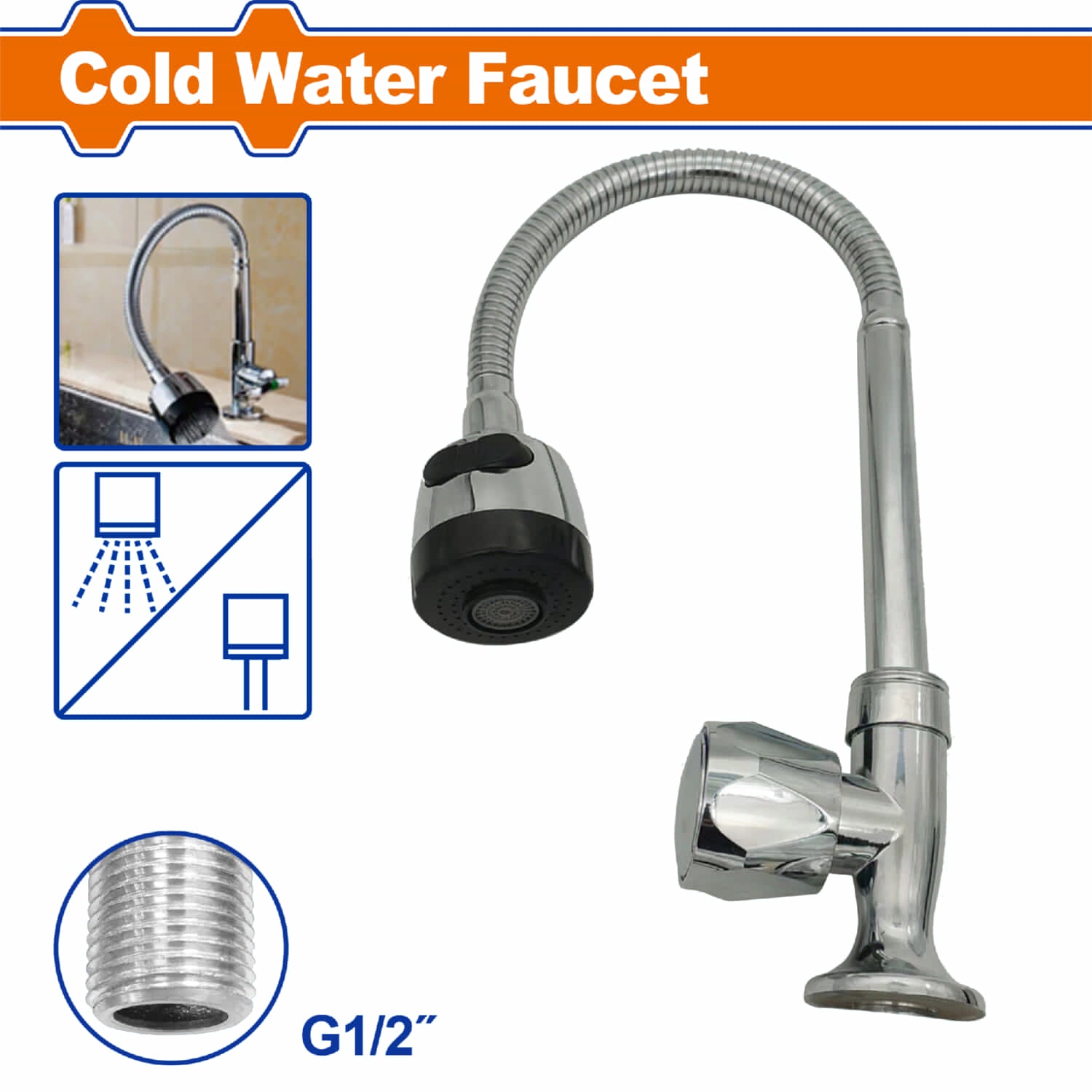 Grifo agua fría para fregador de cocina con ajuste universal giratorio 360° acabado niquelado. Llave de cocina.