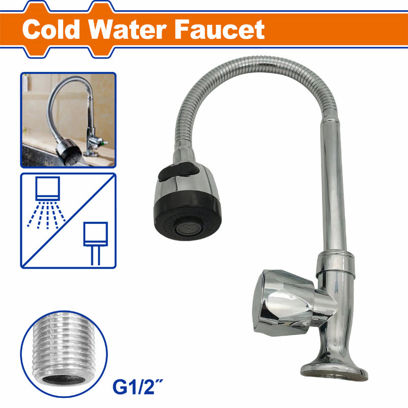 Grifo agua fría para fregador de cocina con ajuste universal giratorio 360° acabado niquelado. Llave de cocina.