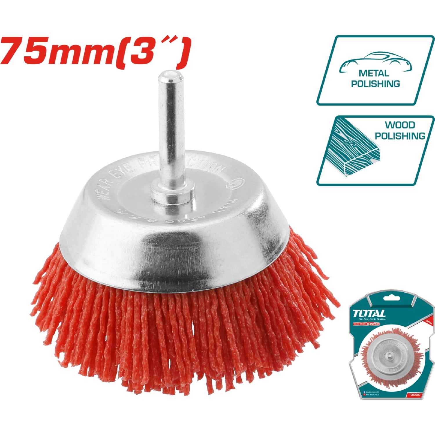 Cepillo de nylon de copa circular para taladro con vástago de 75mm.