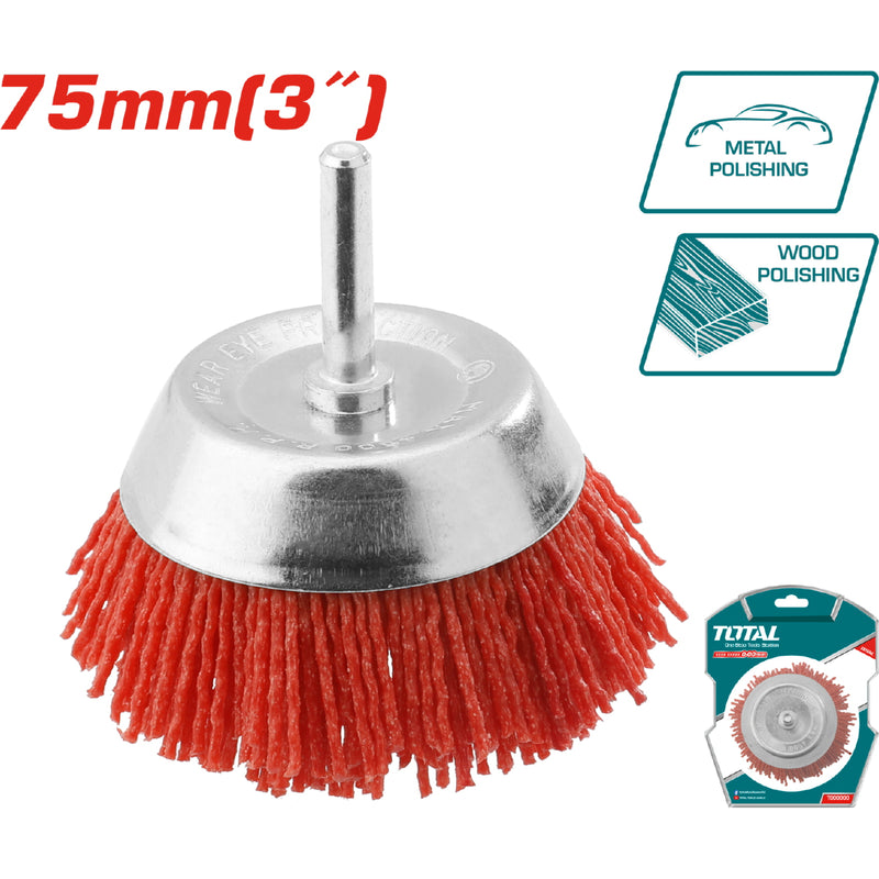 Cepillo de nylon de copa circular para taladro con vástago de 75mm.