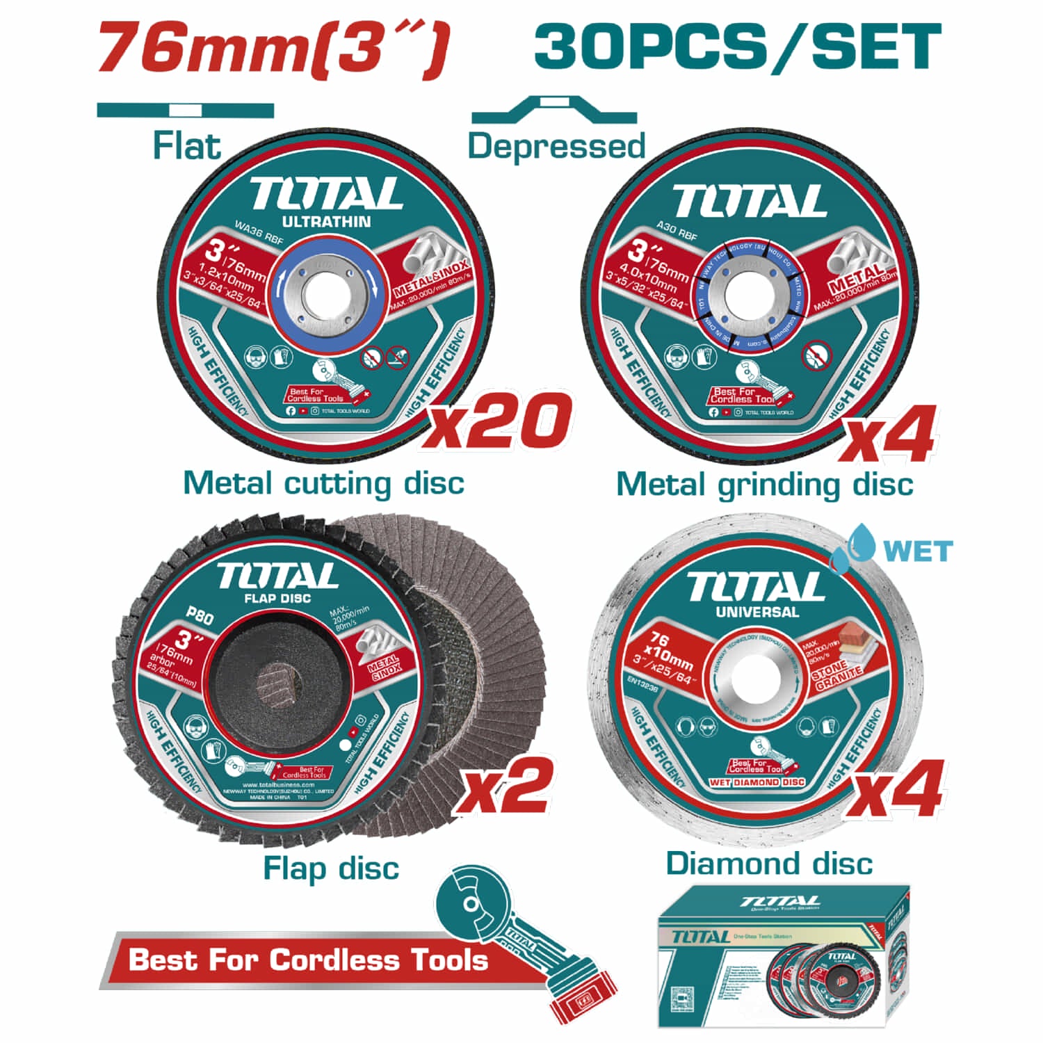 Discos de 3" corte de metal y rectificado. Set de 30 piezas. Ideal para cortadoras TAGLI7601, TAGLI76017, UTAGLI76017