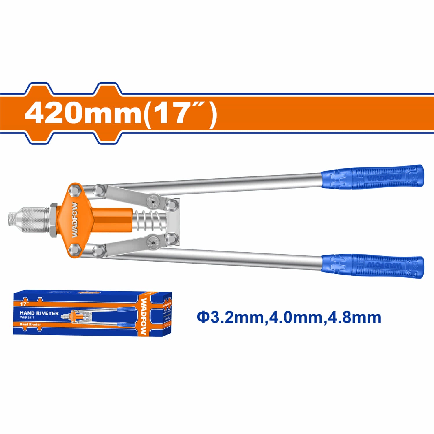 Remachadora 17"  Para remaches: 3.2mm, 4mm, 4.8mm. Acero y aluminio. Mango ergonómico.