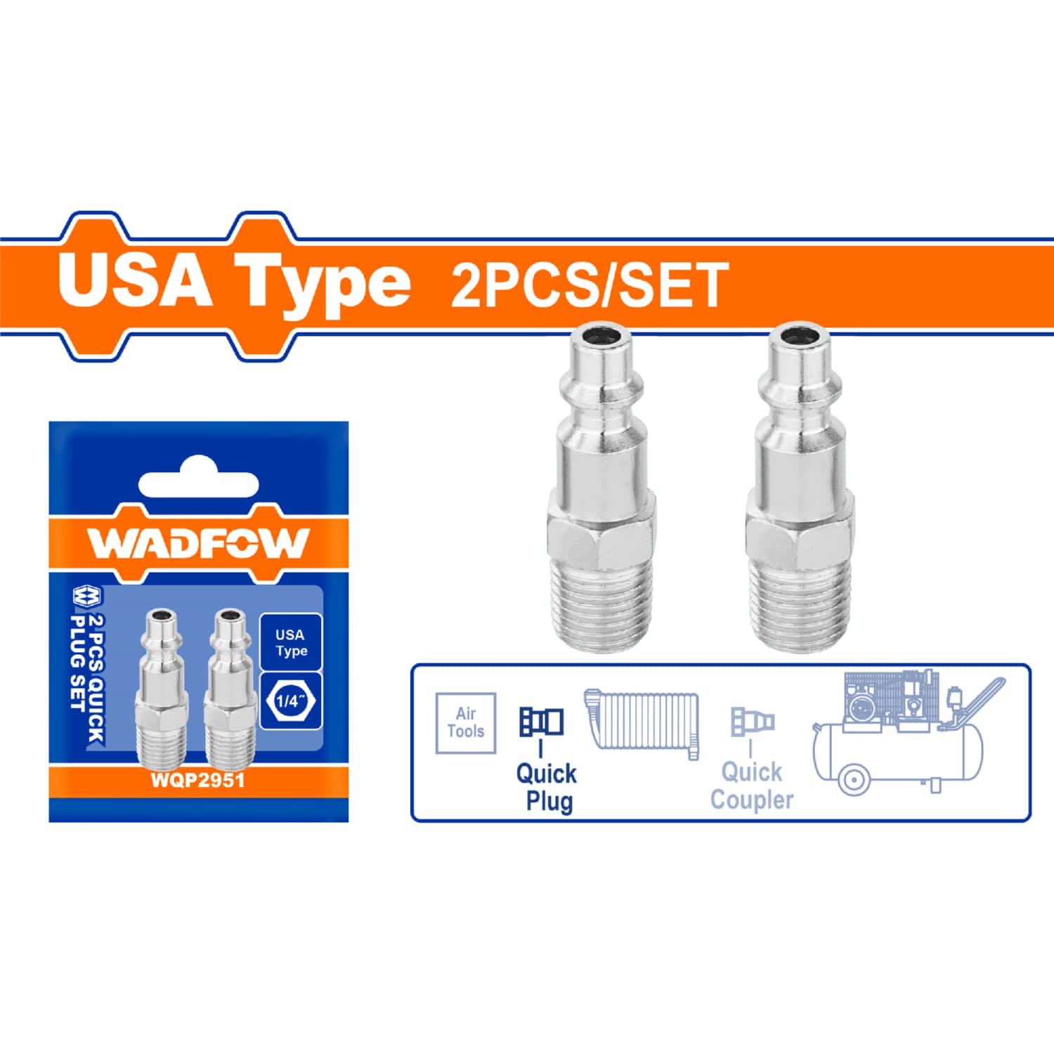 Acoples de aire rápidos 1/4" Tipo Americano. Enchufe tipo macho. Cromado. Set de 2 piezas.