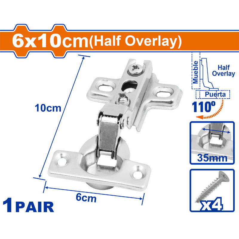 Bisagras ocultas 110º semi-superpuestas 6x10cm. Auto cierre. Incluye 4 tornillos. Viene en par.