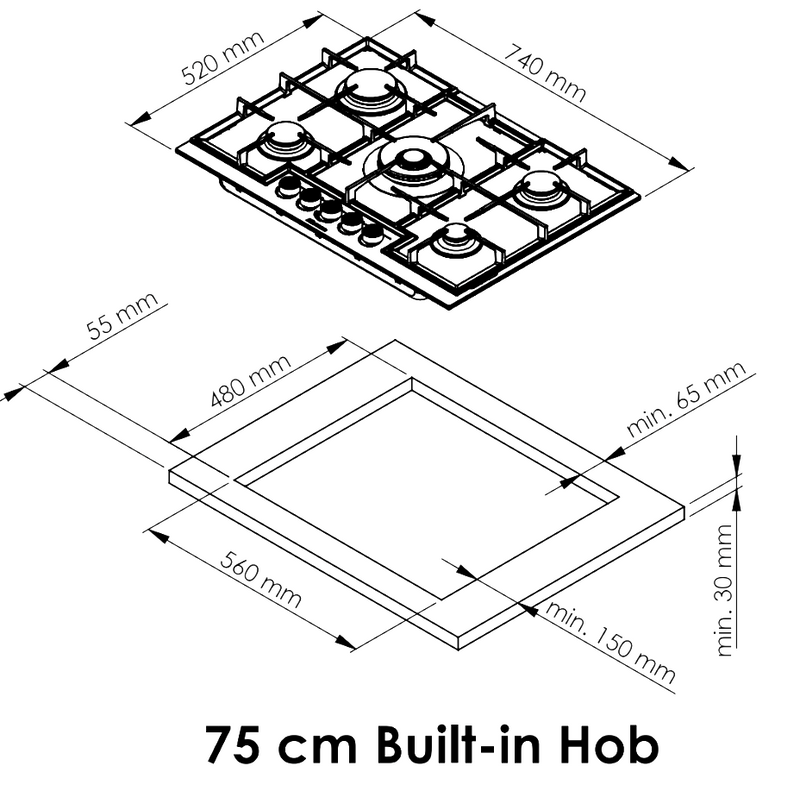 Estufa Empotrable 90 cm Elite  5 Quemadores SABAF + Wok 5kW, Acero Inoxidable, 110V