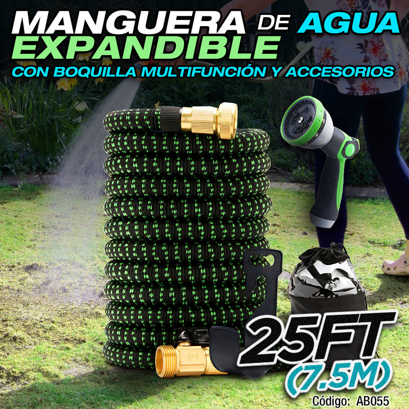 Manguera de agua Jardín Expandible hasta 25FT (7.5M) con Boquilla Multifunción y Accesorios.