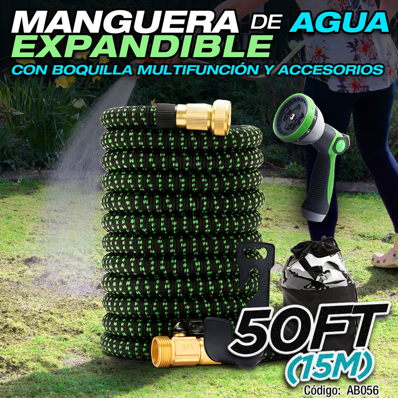 Manguera de agua Jardín Expandible hasta 50FT (15M) con Boquilla Multifunción y Accesorios.