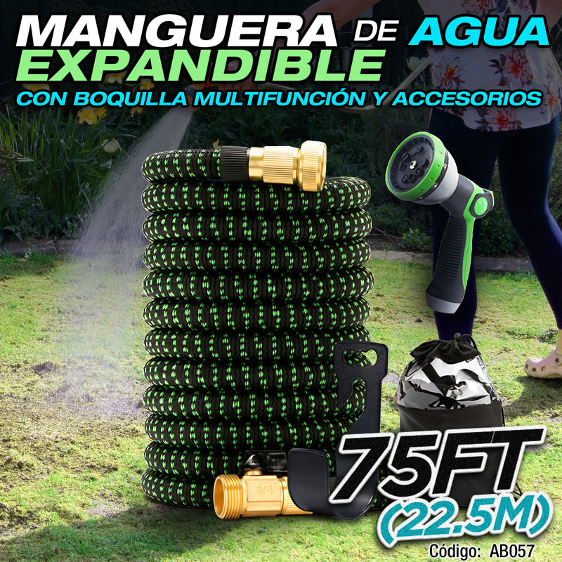 Manguera de agua Expandible hasta 75FT (22.5M) con Boquilla Multifunción y Accesorios.