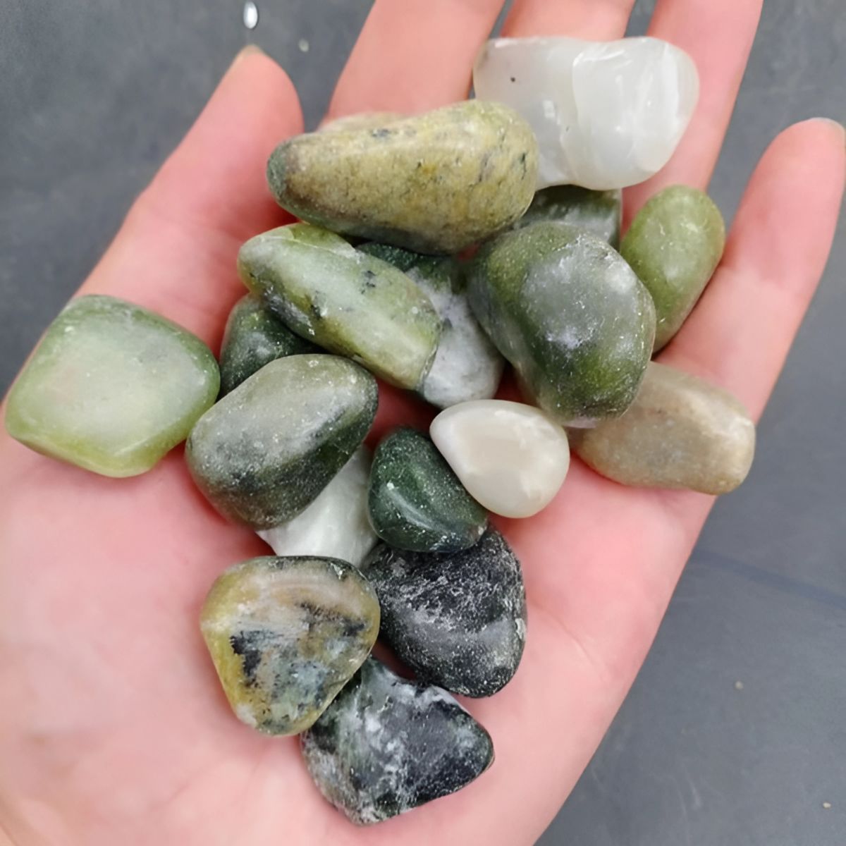 Piedra Decorativa Jaspe Moteado Verde Pulido para Jardín, Macetas, Decoración. (500 gramos). 10-15mm