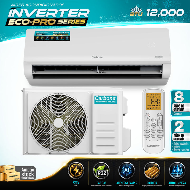 Aire acondicionado Split Inverter 12,000 Btu R32 Coil de Cobre SEER 18. Ahorro de Energía con IA