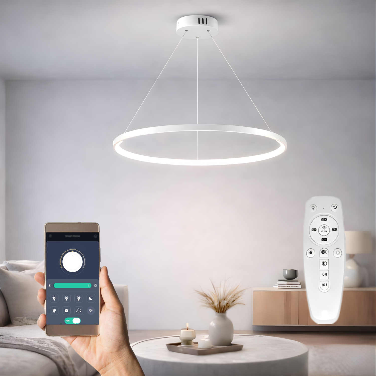 Lámpara Colgante LED Smart 37W 3500 Lúmenes Dimeable 3000K-6500K con App, Voz y Control Remoto. 1500x600mm