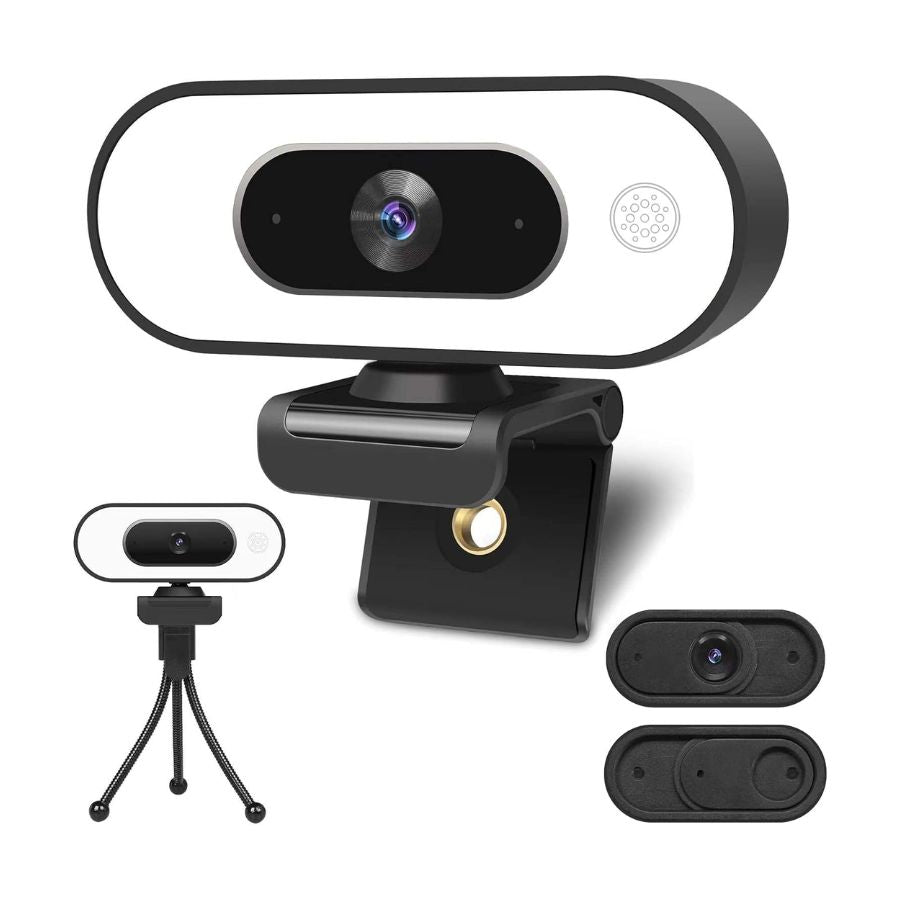 Cámara Web HD 1080P con luz ajustable, protector de privacidad, trípode y rotación 360°.