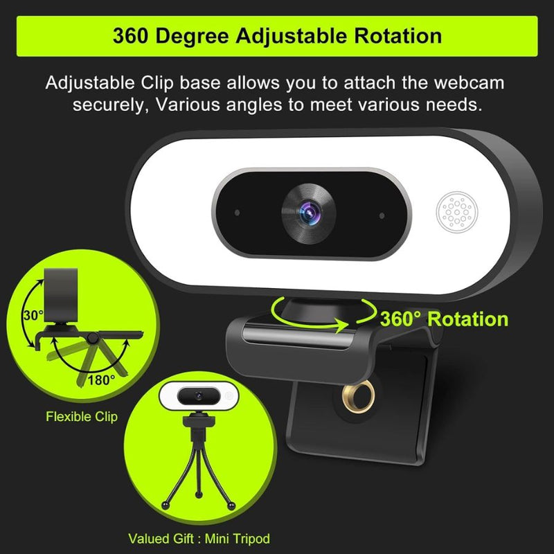 Cámara Web HD 1080P con luz ajustable, protector de privacidad, trípode y rotación 360°.