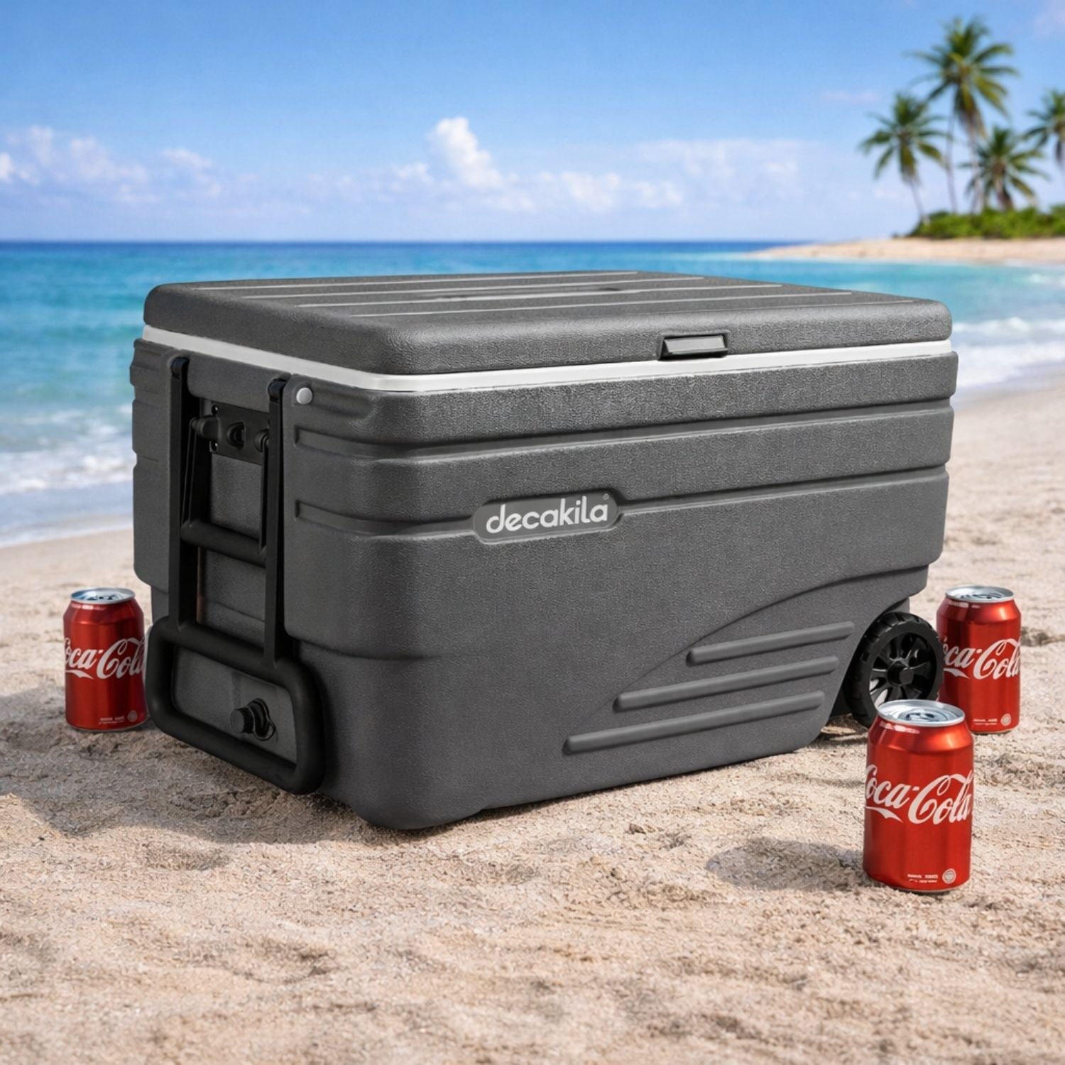 Cooler Portátil con asa y rueditas 47 L (49.7 QT) Tiempo en frío: 72hrs. 57.5x37.5x41.5cm, Ideal para 54 botellas de Coca-Cola de 550 ml Hielera