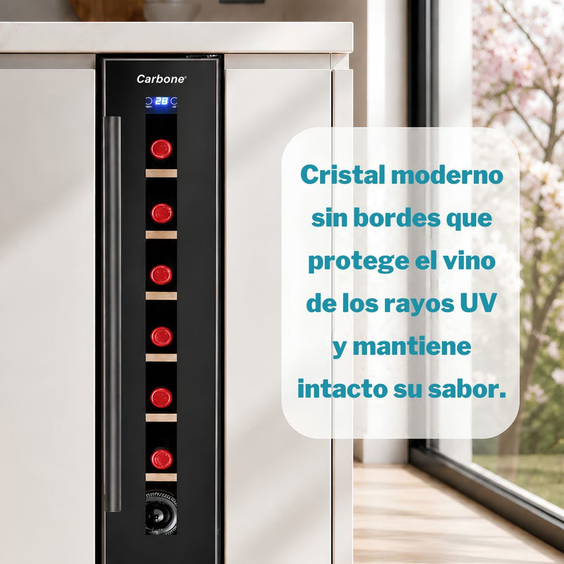 Vinera Empotrable 7 Botellas con Estantes de Madera. Enfriador de Vino con Doble Zona de Temperatura Panel Touch 5-22°C. Color Negro