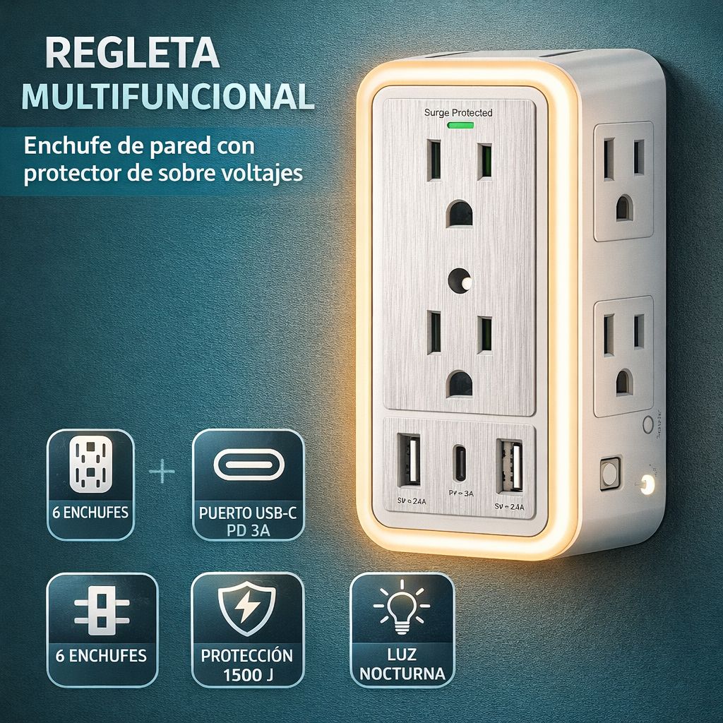 Regleta de Enchufes para Pared Carbone con Protector de Sobretensiones y USB mas 6 enchufes