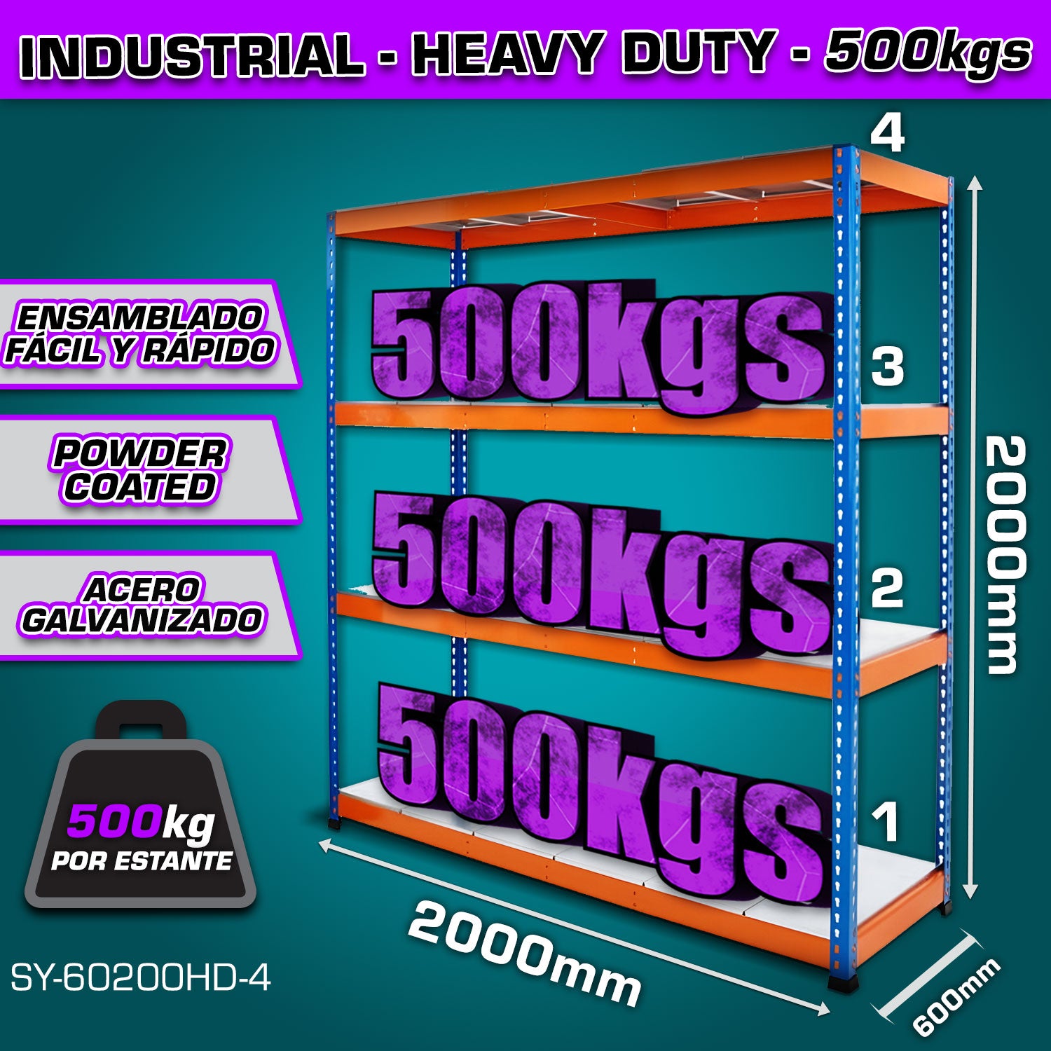 Estante de almacenamiento ajustable 4 niveles 600x2000x2000mm Carga 500Kg Estanteria Arma rápido Rack