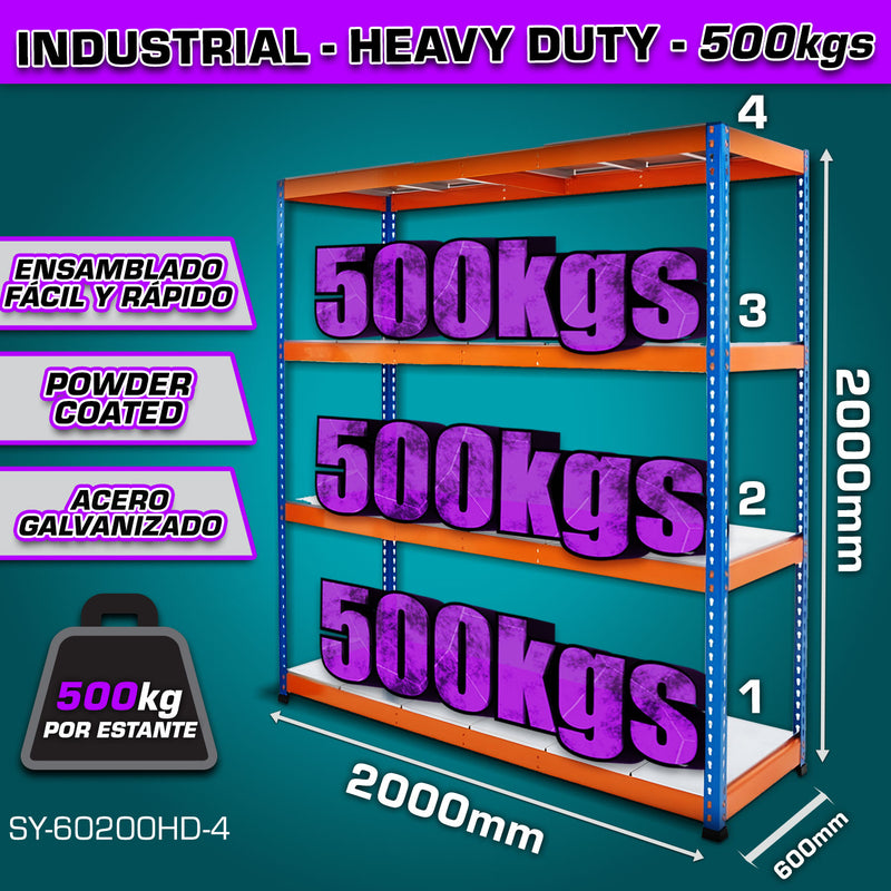 Estante de almacenamiento ajustable 4 niveles 600x2000x2000mm Carga 500Kg Estanteria Arma rápido Rack