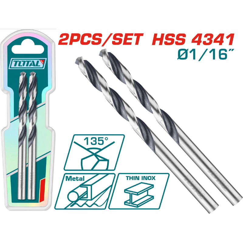 Brocas para Metal HSS 4341 1/16" 135º Set de 2 piezas.