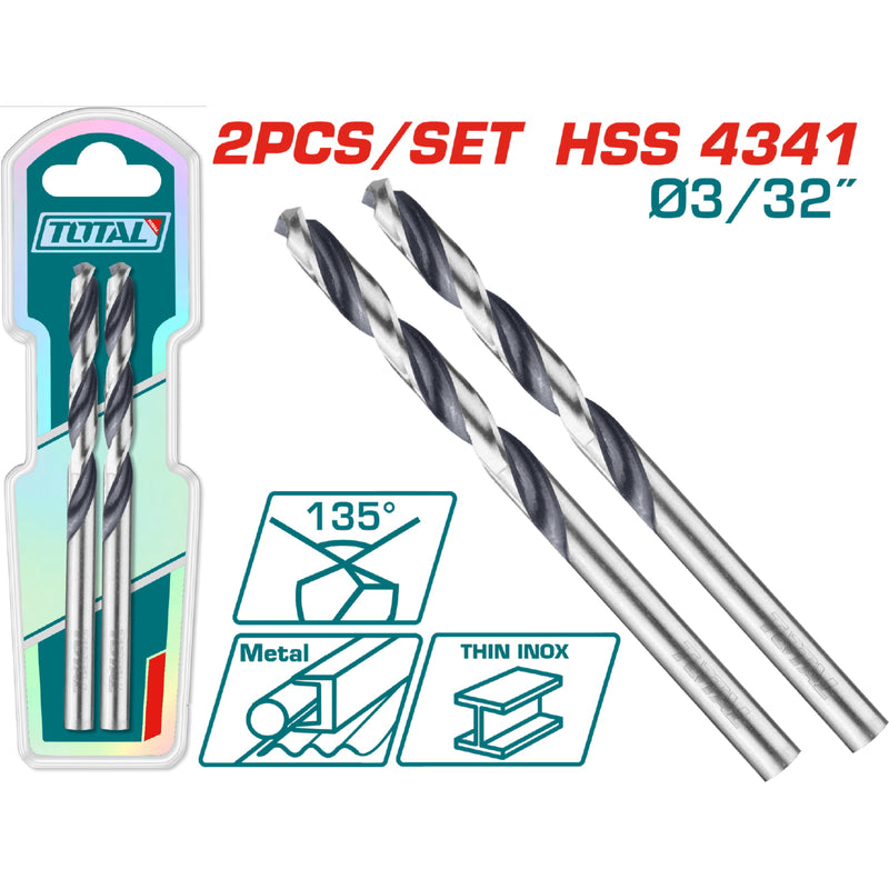 Brocas para Metal HSS 4341 Diámetro 3/32" 135º Set de 2 piezas.