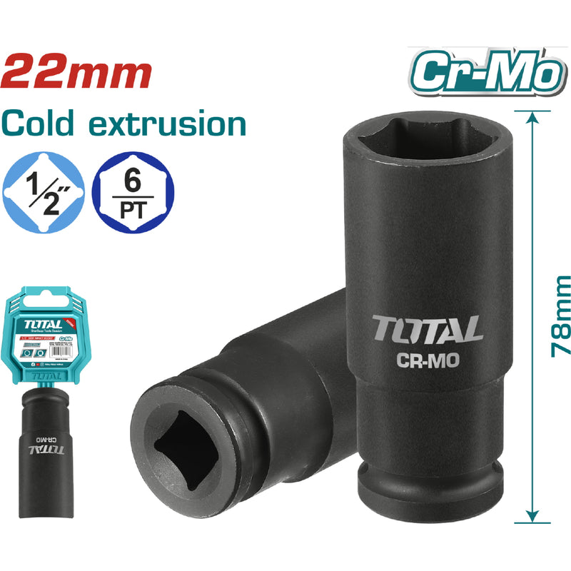 Dados Sockets impacto1/2" 78mm. Material CrMo. 22 mm. Extrusión en Frío.