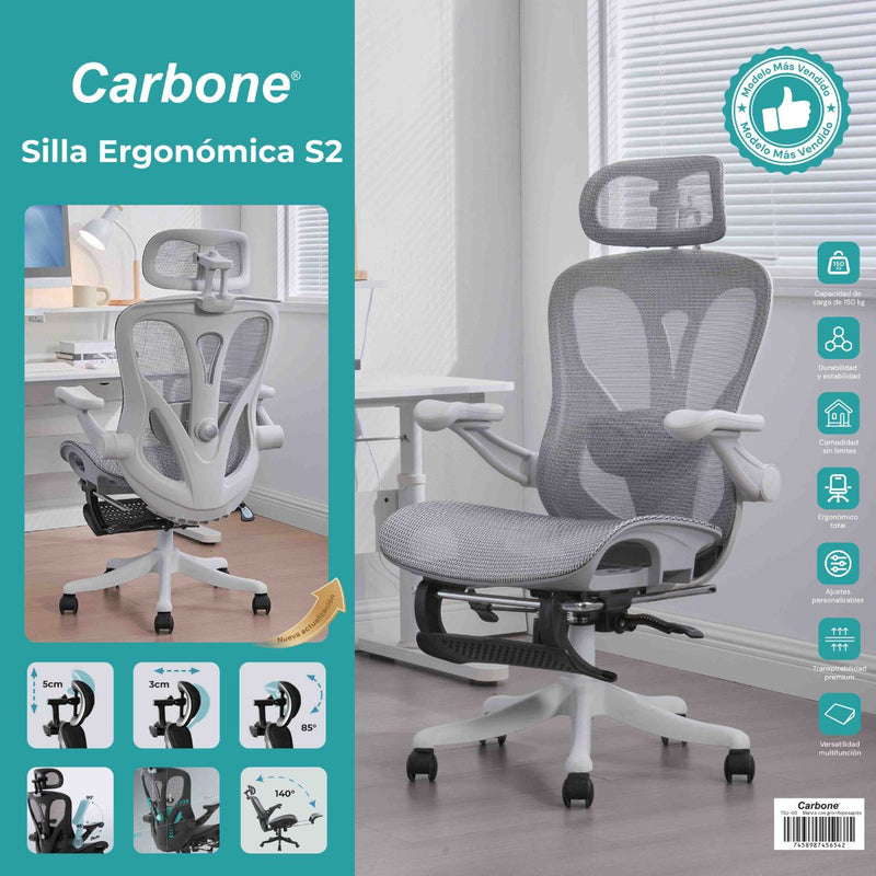 Silla Ergonómica de Oficina con Reposapiés y Reposacabezas, Respaldo Reclinable y Asiento Anatómico. Silla de Escritorio con Malla Transpirable. Color Gris Claro  y Blanco