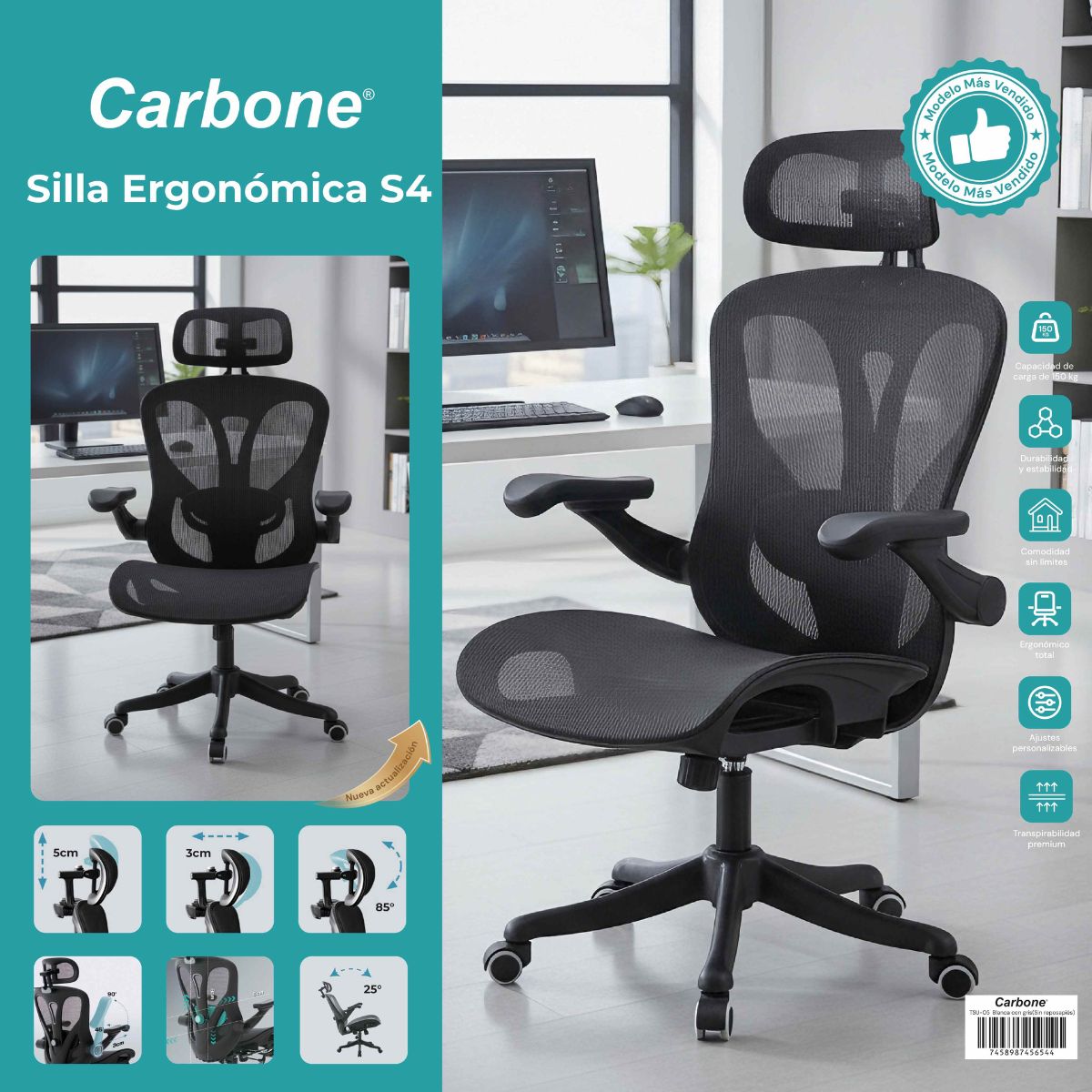 Silla Ergonómica de Escritorio con Respaldo Reclinable 25° y Asiento Calado con Reposacabezas y Malla Transpirable. Silla Giratoria para Oficina. Color Negro