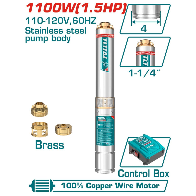 Bomba de pozo cuerpo de 4" 1100W (1.5HP) 110-120V~60Hz.20mts de cable. Incluye caja de control.