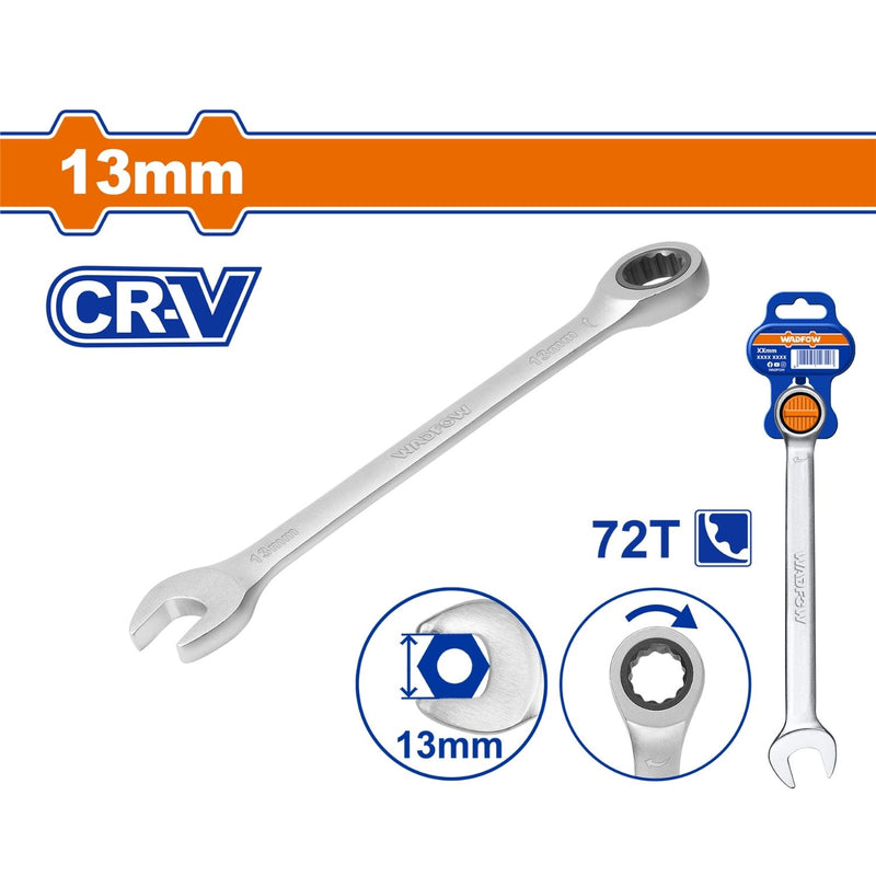 Llave combinada con Ratchet 13mm. Cr-V Cromada.Acabado Mate. 72 dientes.