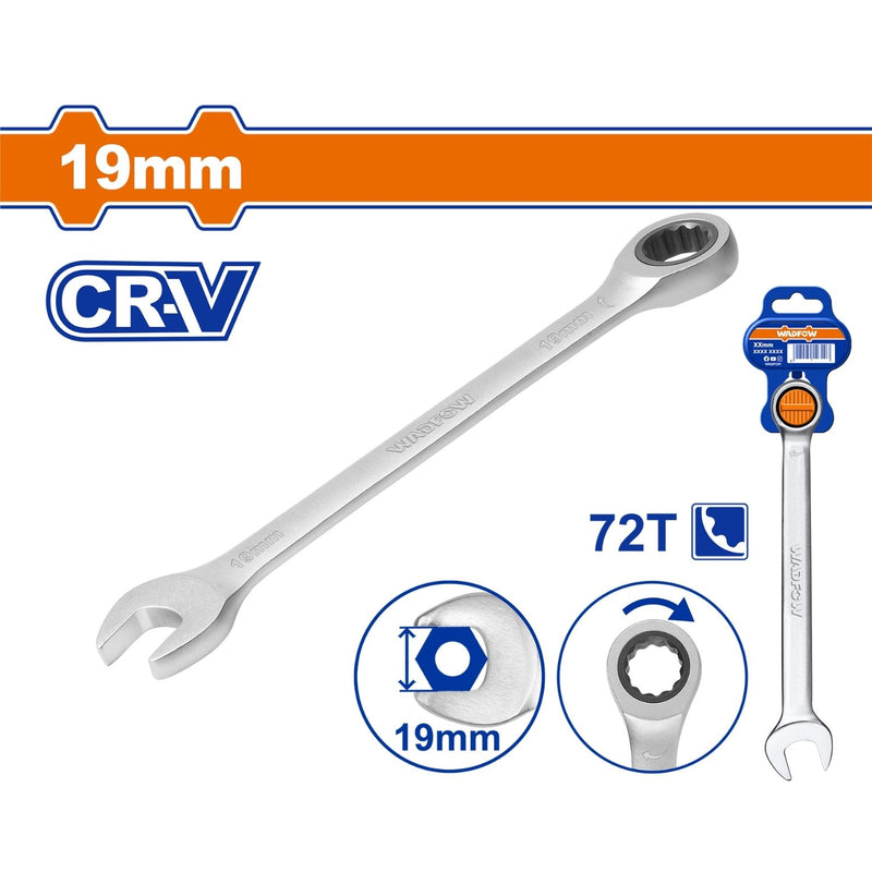 Llave combinada con Ratchet 19mm. Cr-V Cromada. Mate. 72 dientes.
