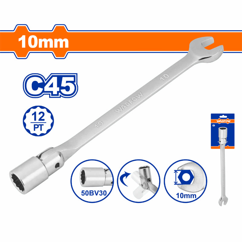 Llave combinada de cabeza flexible y socket de 12 puntos.Tamaño: 10mm. Long:173mm. Acero C45.