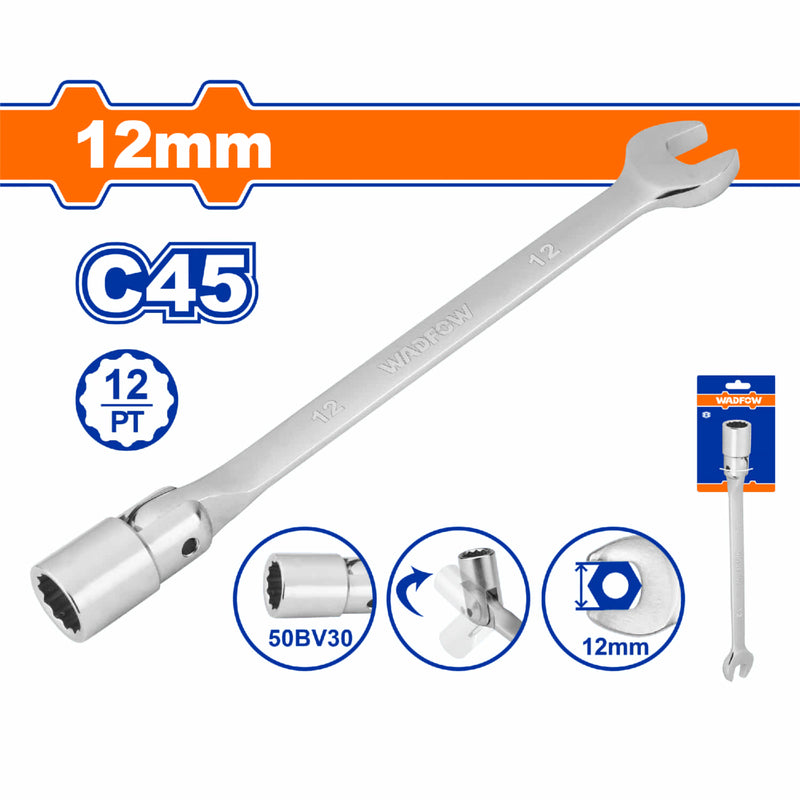 Llave combinada de cabeza flexible y socket de 12 puntos.Tamaño: 12mm. Long:195mm. Acero C45.