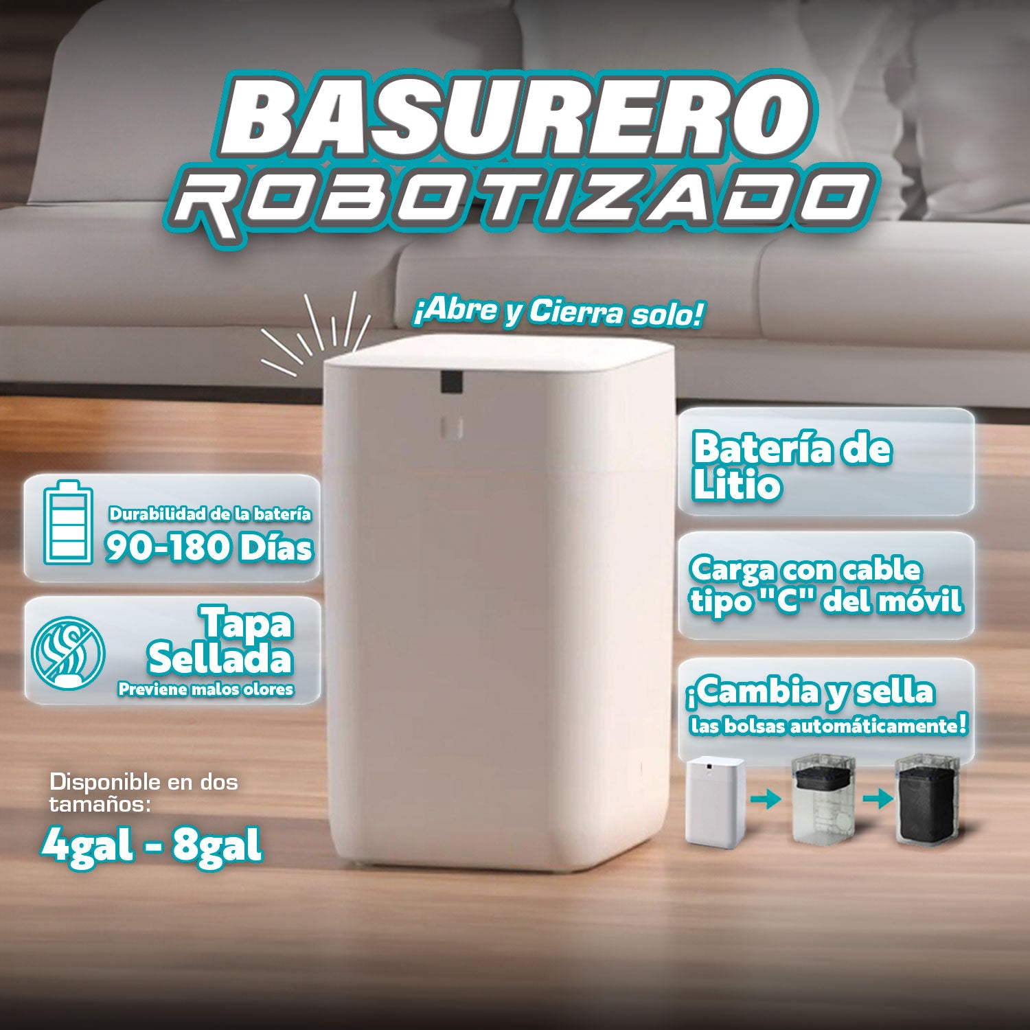 Basurero inteligente con autosellado y cambiador de bolsa automático, sensor de movimiento Papelera Robotica