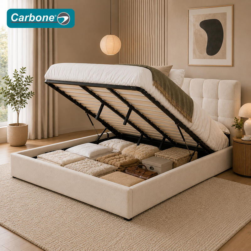 Camas Baúl Tapizadas De Pana Con Almacenamiento Elevable Hidraúlico Y Cabecero Moderno. Color Crema.
