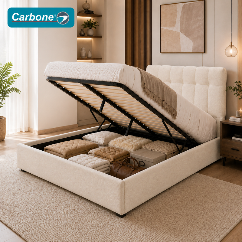 Cama Baúl Queen Tapizada De Pana Con Almacenamiento Elevable Hidraúlico Y Cabecero Moderno (152x203x35cm)  Color Crema