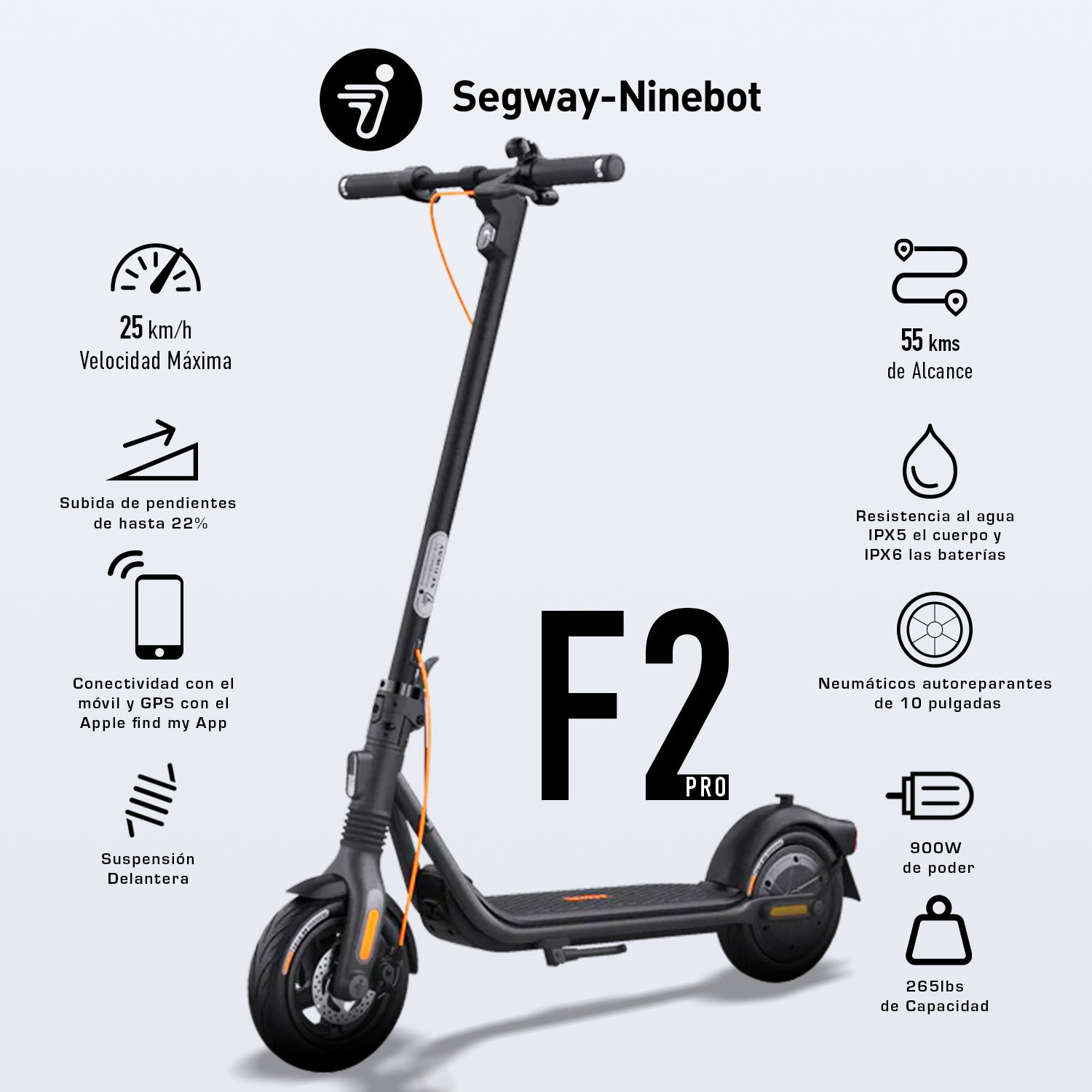 Monopatin Ninebot Kick Scooter F2 PRO Rango 55 km y velocidad 25Km/h