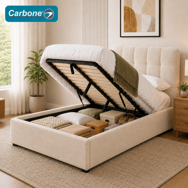 Cama Baúl TwinTapizada De Pana Con Almacenamiento Elevable Hidraúlico Y Cabecero Moderno (99x190x35cm) Color Crema