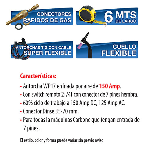 Antorcha Tig WP 17 cabeza flexible con Swich remoto. (Dinse 35mm) 6 mts.