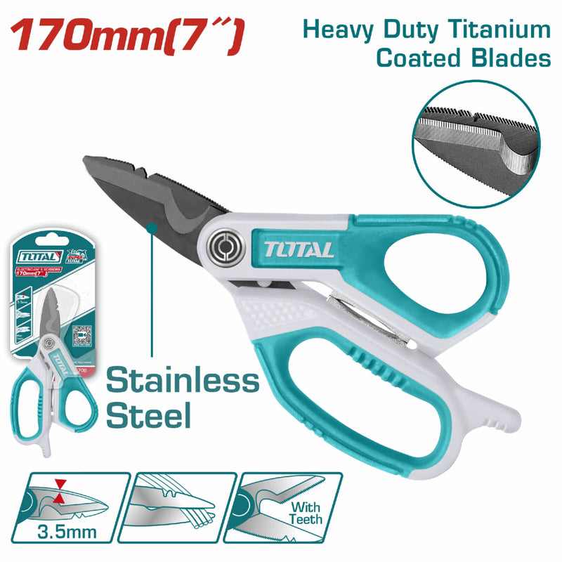 Tijera de Electricista 7" de Acero Inoxidable. Ancho de la hoja: 3.5mm Ergonómica. Pelacables.