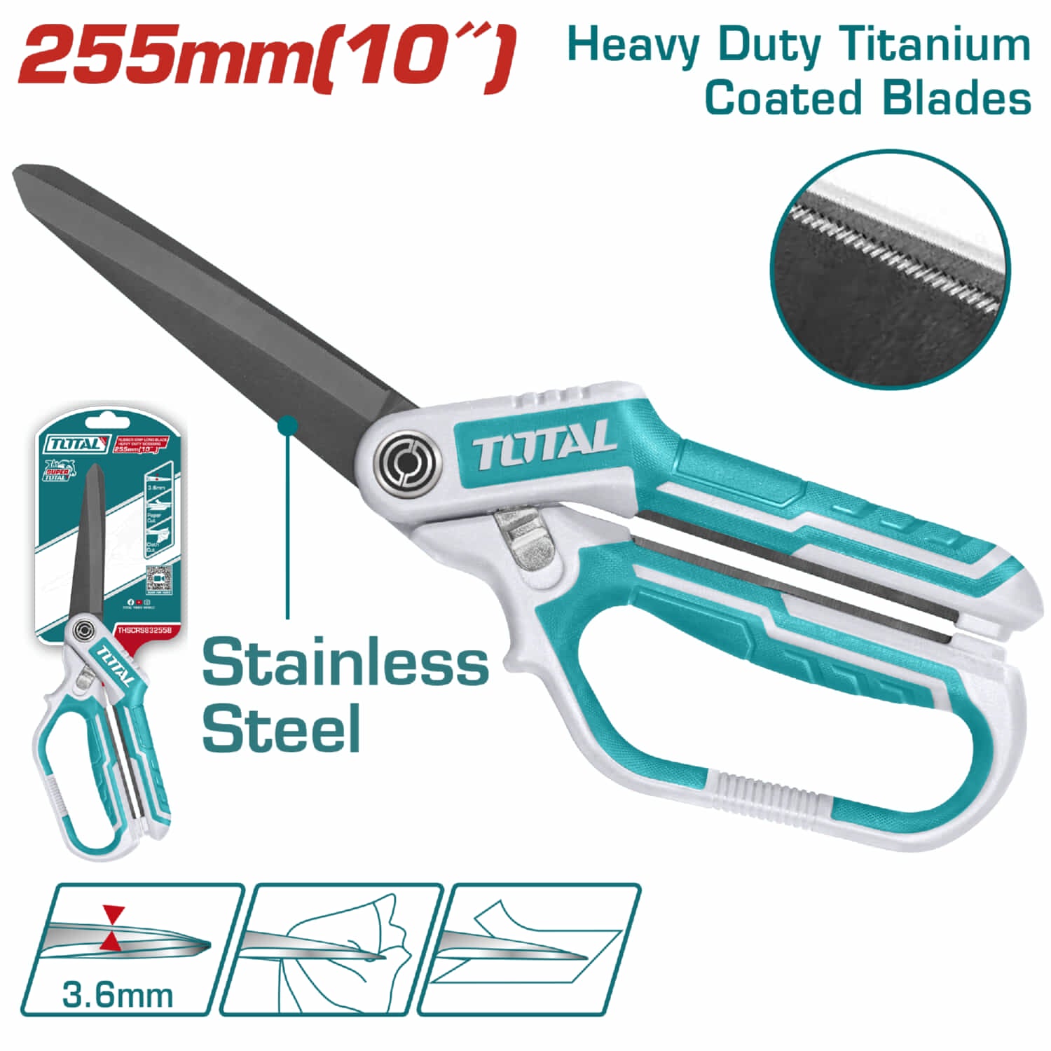 Tijera de 10" de Acero Inoxidable. Ancho de la hoja: 3.6mm. Ergonómica. Corta plástico y cartón.