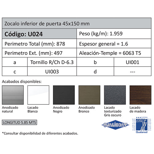 Zocalo Inferior Puerta. Espesor 1.6 mm. Largo 5.85 mts. Acabado Lacado Madera Texturizado. (D3-P1-A1