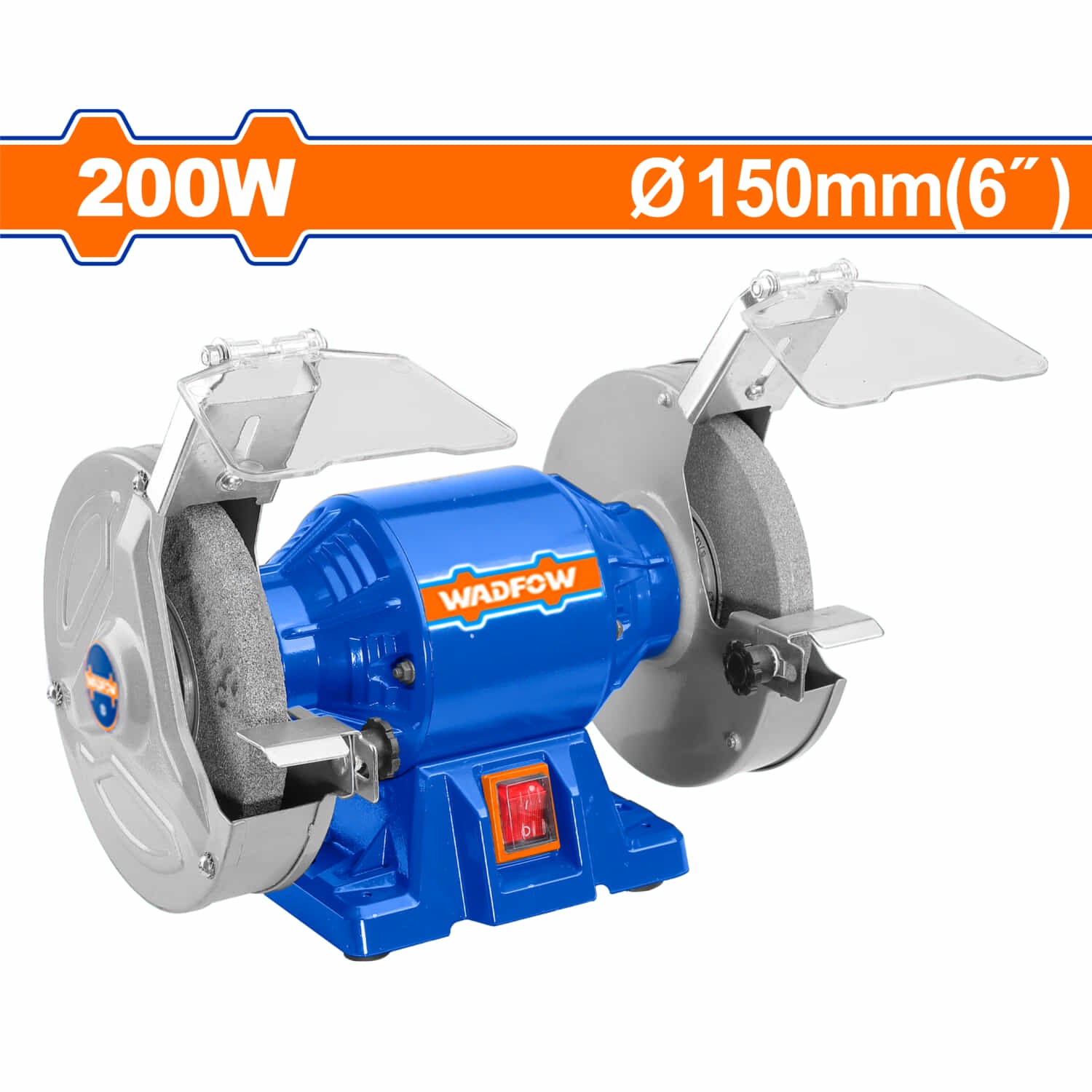 Esmeril de banco de 110-120V~60Hz. Potencia 200W. Velocidad Max. 3450 rpm. Rueda 150 mm (6"). Esmeriladora afilador