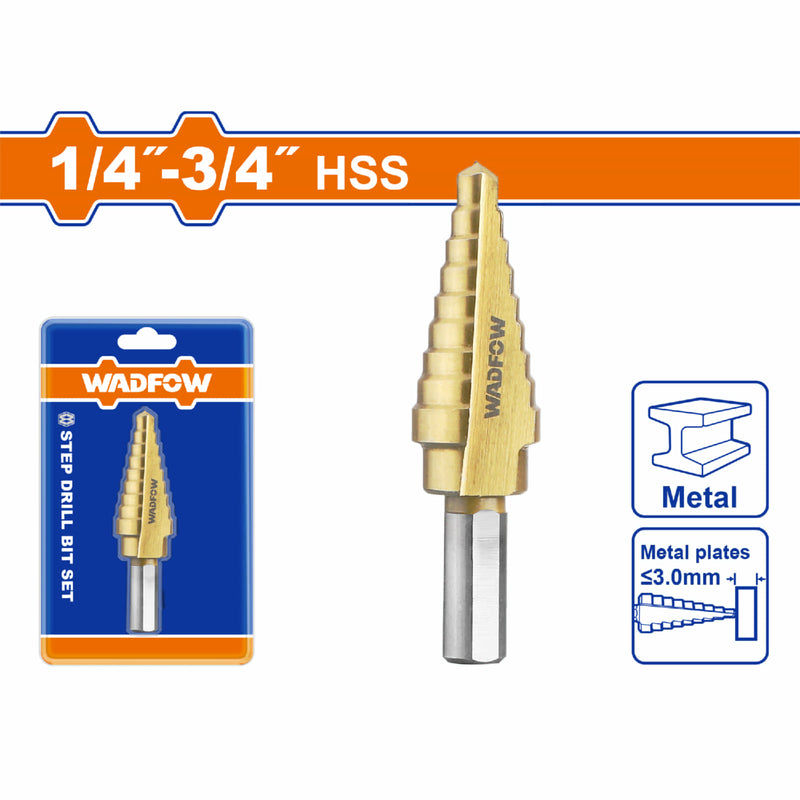 Broca escalonada 1/4"-3/4". Diámetro de vástago: 3/8". Pasos: 1/16".
