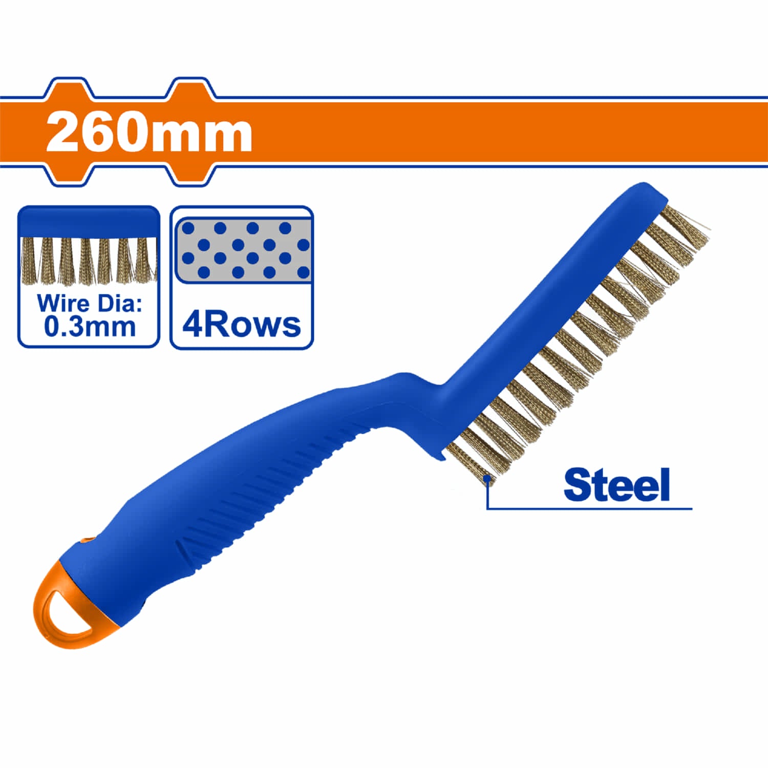 Cepillo de Alambre de Acero con Mango de Plástico. 260mm. 4 Filas.